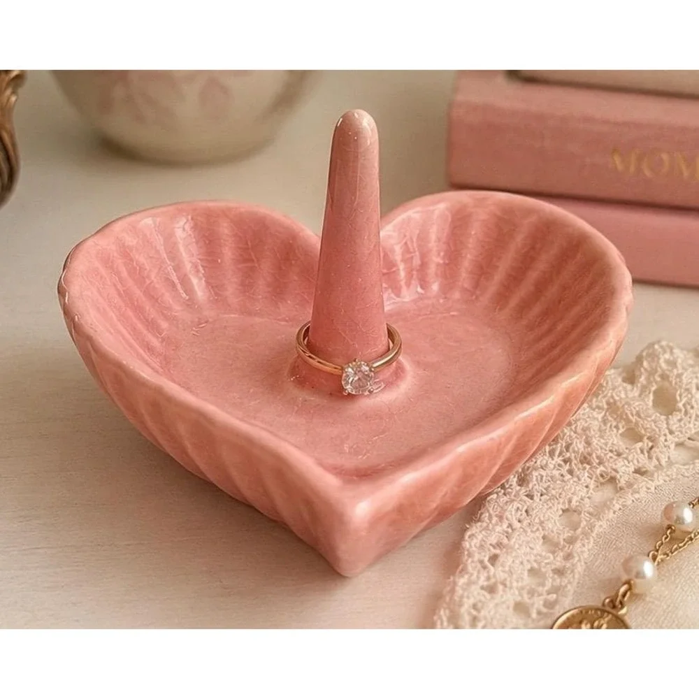 Vintage Pink Heart Ring Holder Dish Cottagecore Grandmillennial Coquette